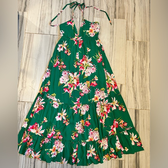 NWOT Green Floral Print Deep V Halter Maxi Dress Size Medium - Picture 5 of 16